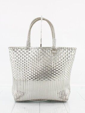 Metallic Silver Woven Tote Bag